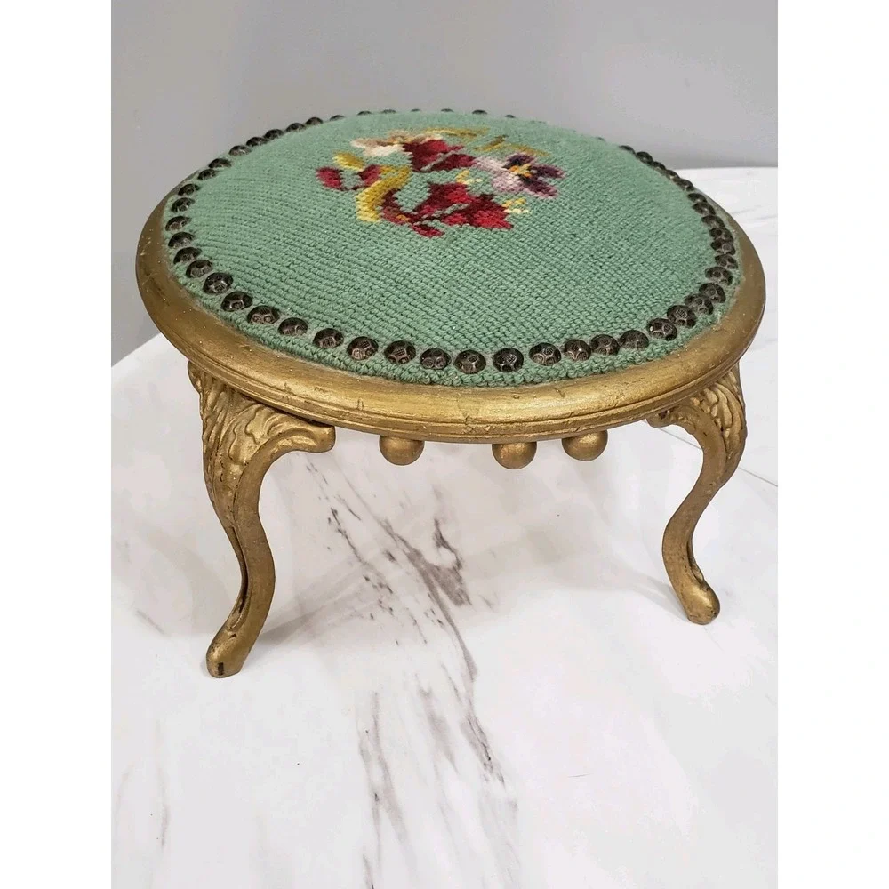 Antique Victorian Dainty Stick & Ball NEEDLEPOINT Floral Foot‎ Stool Tapestry